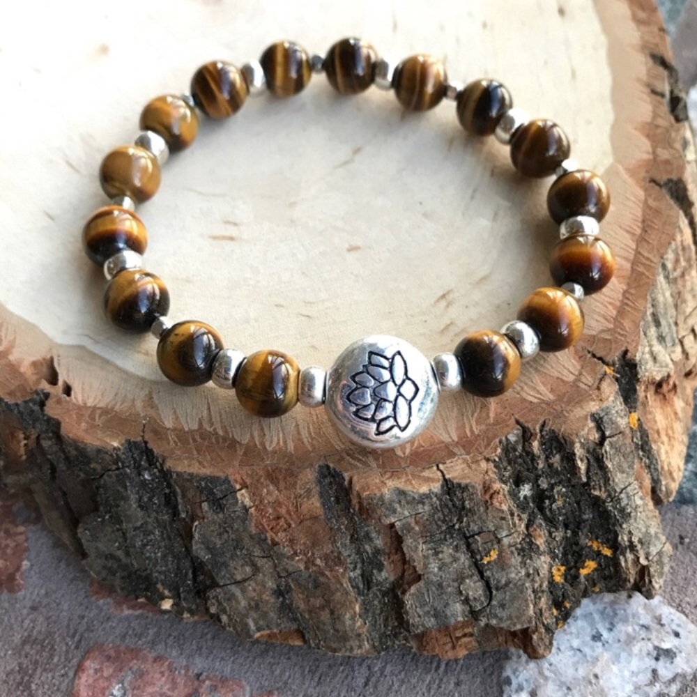 Genuine tiger eye gemstones silver lotus flower